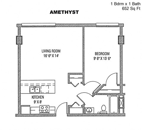 Floor plan for 1 bed, 1 bath, 652 sqft